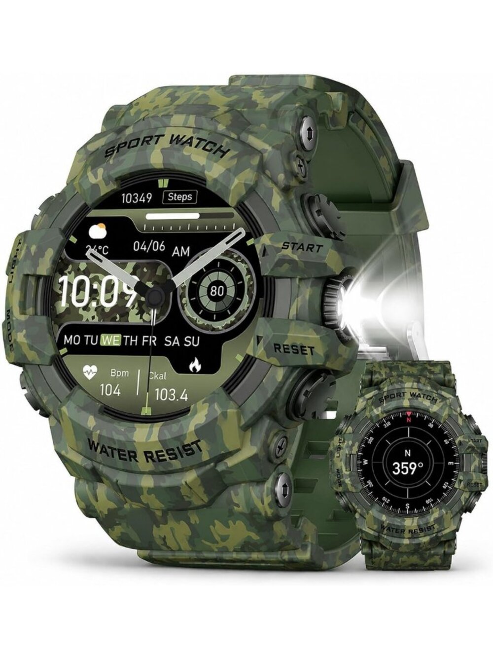 Military Smart Watch with Flashlight & Compass, Call Function, Fitness Tracker